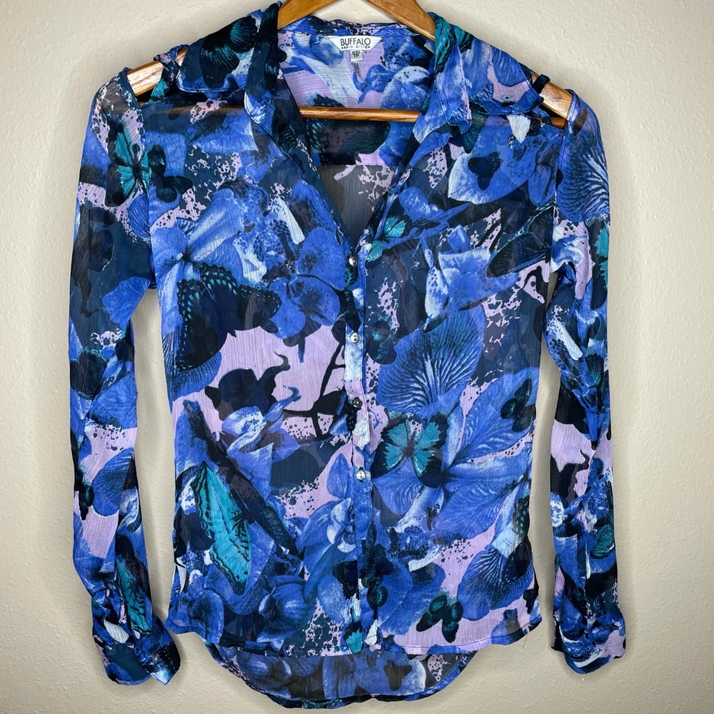 Buffalo David Bitton Sheer Butterfly Button Down Blouse Size XS Shoulder Cutouts